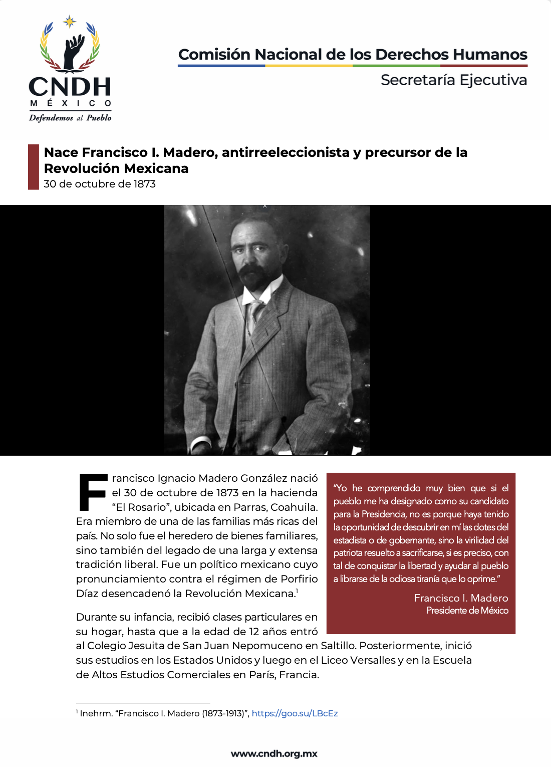 Nace Francisco I. Madero, antirreeleccionista y precursor de la Revolución Mexicana