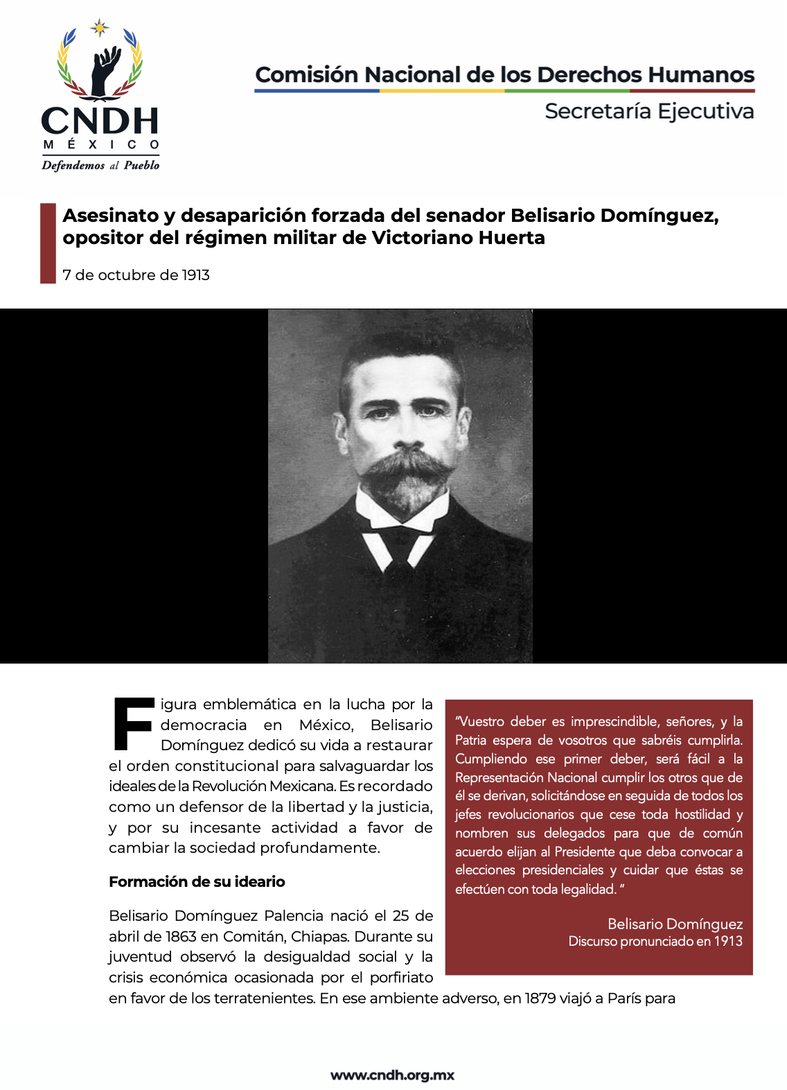 Asesinato y desaparición forzada del senador Belisario Domínguez, opositor del régimen militar de Victoriano Huerta