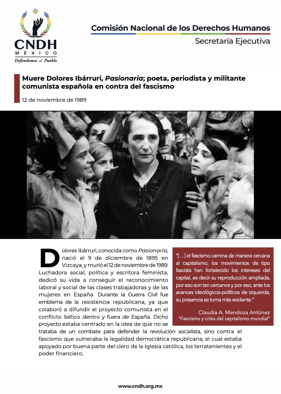 Muere Dolores Ibárruri, Pasionaria; poeta, periodista y militante comunista española en contra del fascismo