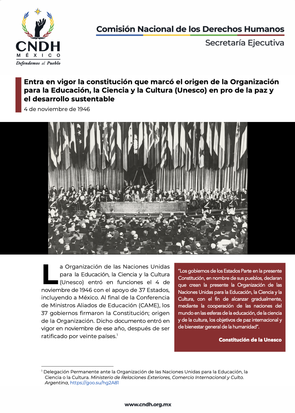 Entra en vigor la constitución que marcó el origen de la Organización para la Educación, la Ciencia y la Cultura (Unesco) en pro de la paz y el desarrollo sustentable