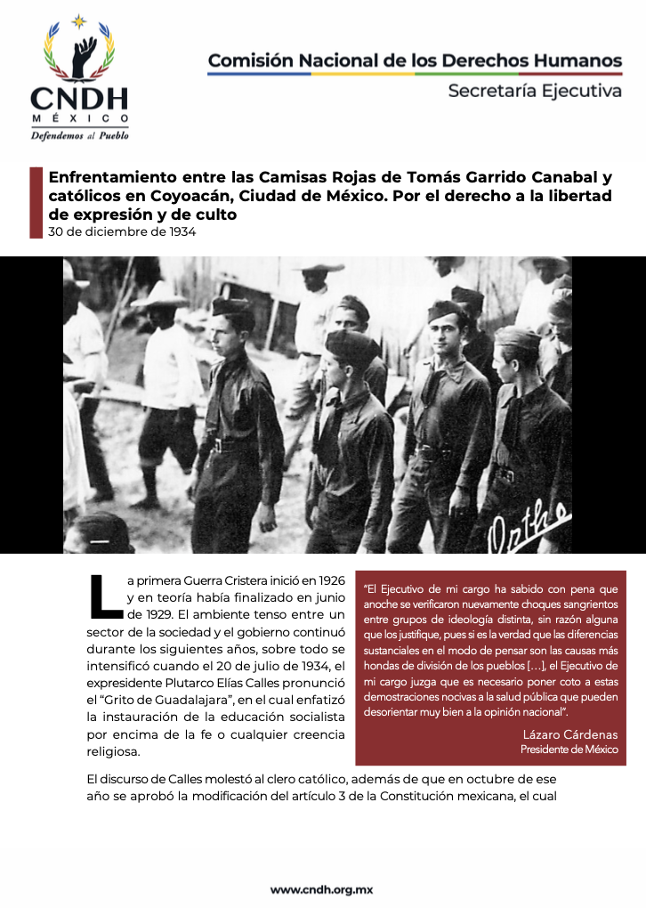 Enfrentamiento entre las Camisas Rojas de Tomás Garrido Canabal y católicos en Coyoacán, Ciudad de México. Por el derecho a la libertad de expresión y de culto