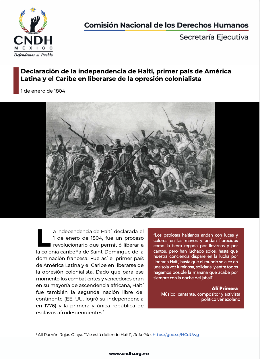 Declaración de la independencia de Haití, primer país de América Latina y el Caribe en liberarse de la opresión colonialista
