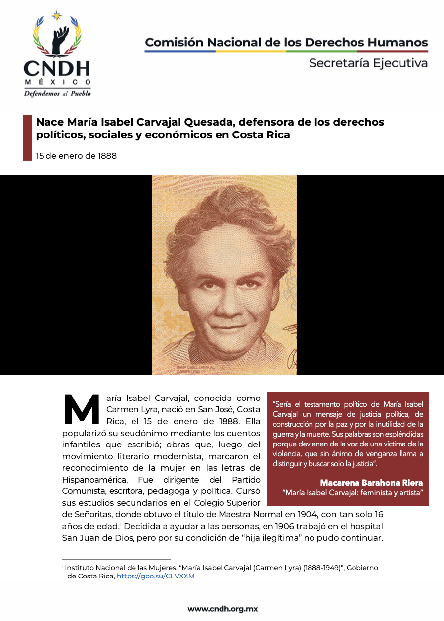 Nace María Isabel Carvajal Quesada, defensora de los derechos políticos, sociales y económicos en Costa Rica