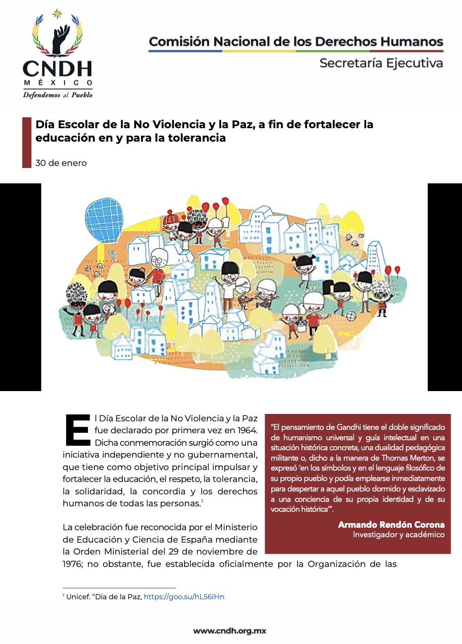 Día Escolar de la No Violencia y la Paz, a fin de fortalecer la educación en y para la tolerancia