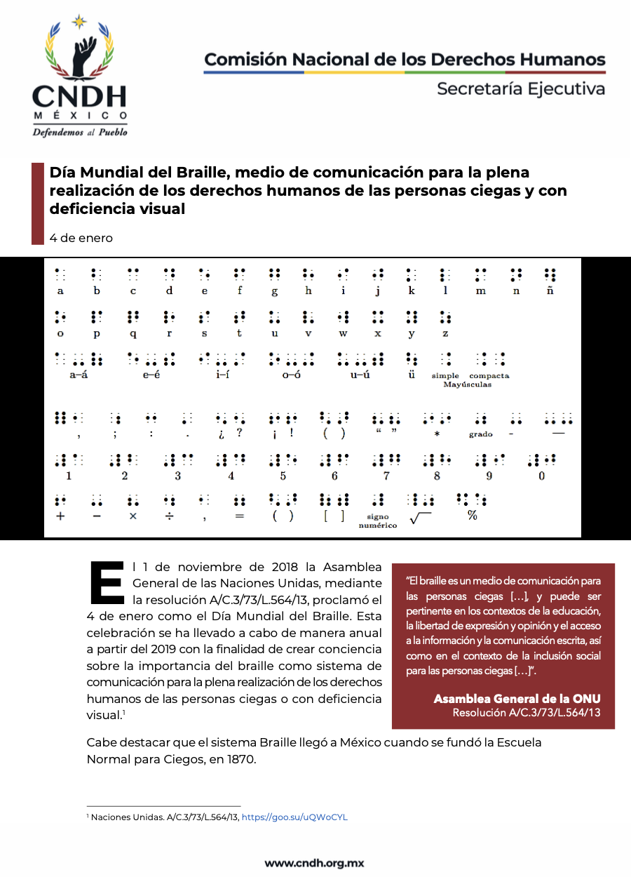 Día Mundial del Braille, medio de comunicación para la plena realización de los derechos humanos de las personas ciegas y con deficiencia visual