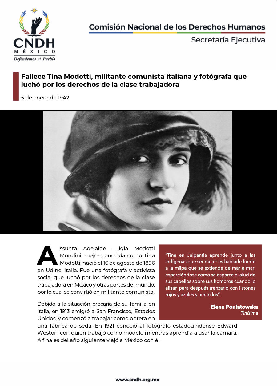 Fallece Tina Modotti, militante comunista italiana y fotógrafa que luchó por los derechos de la clase trabajadora