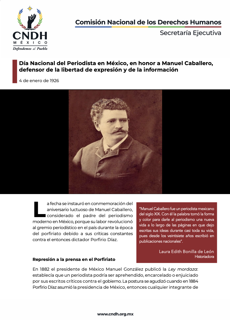 Día Nacional del Periodista en México, en honor a Manuel Caballero, defensor de la libertad de expresión y de la información
