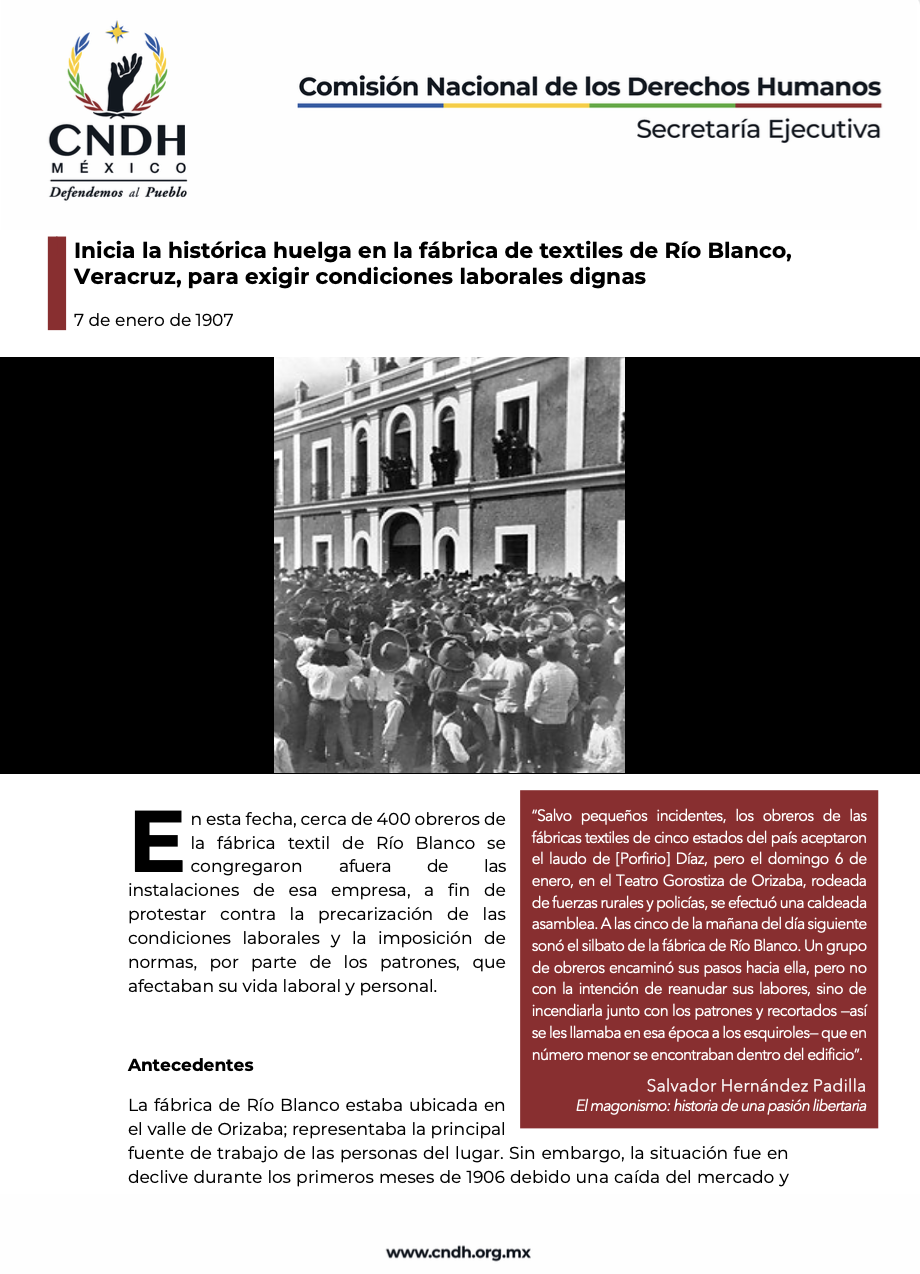 Inicia la histórica huelga en la fábrica de textiles de Río Blanco, Veracruz, para exigir condiciones laborales dignas