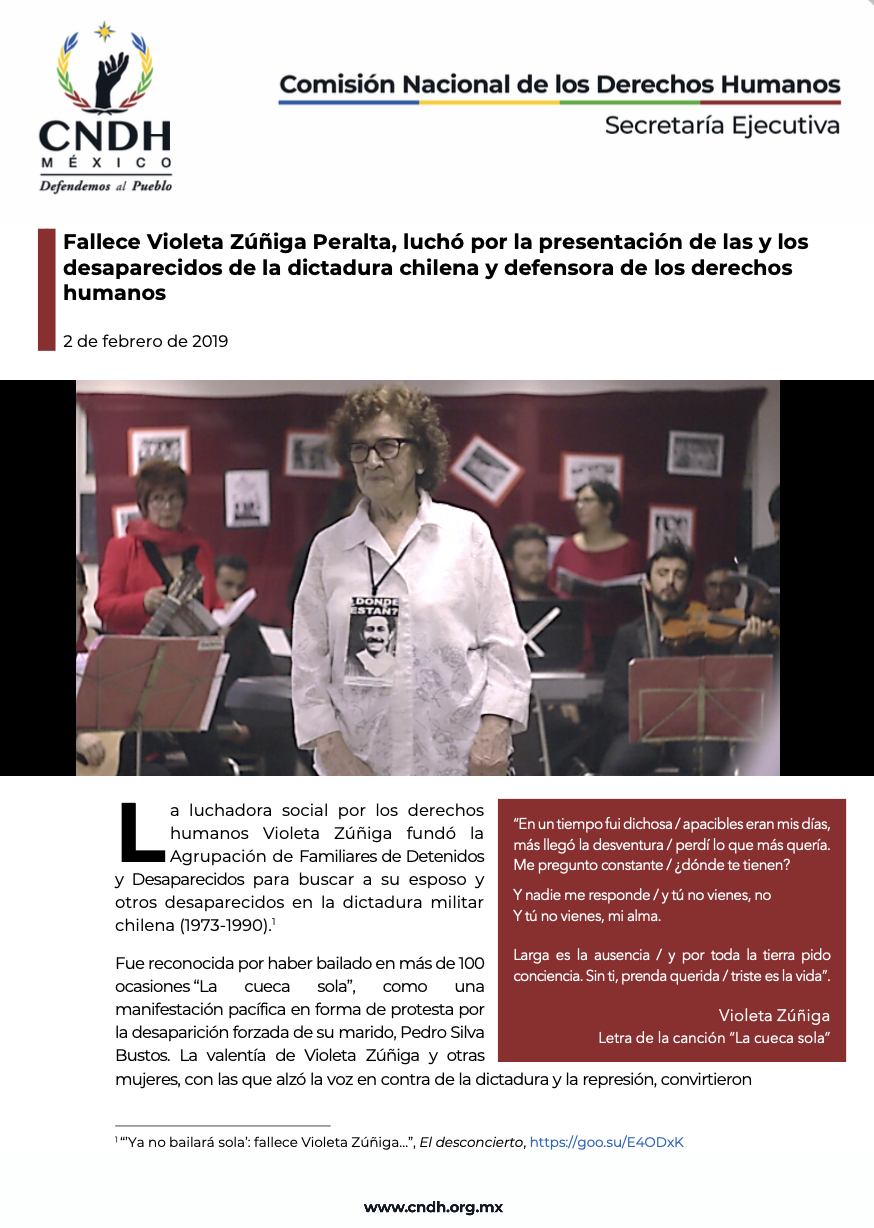 Fallece Violeta Zúñiga Peralta, luchó por la presentación de las y los desaparecidos de la dictadura chilena y defensora de los derechos humanos