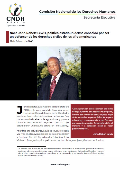Nace John Robert Lewis, político estadounidense conocido por ser un defensor de los derechos civiles de los afroamericanos