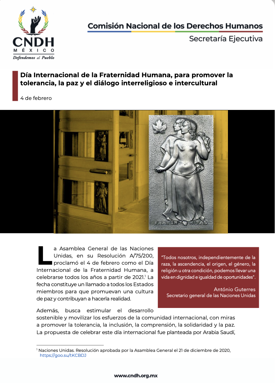 Día Internacional de la Fraternidad Humana, para promover la tolerancia, la paz y el diálogo interreligioso e intercultural