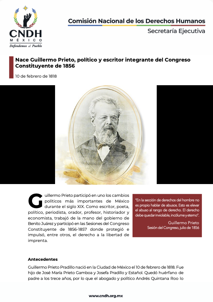 Nace Guillermo Prieto, político y escritor integrante del Congreso Constituyente de 1856