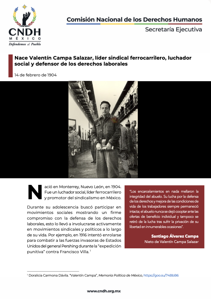 Nace Valentín Campa Salazar, líder sindical ferrocarrilero, luchador social y defensor de los derechos laborales