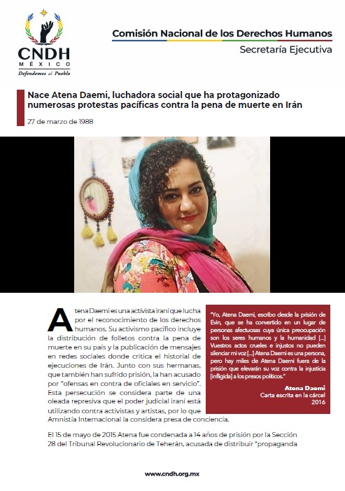 Nace Atena Daemi, luchadora social que ha protagonizado numerosas protestas pacíficas contra la pena de muerte en Irán