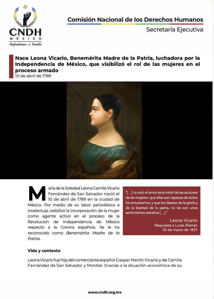 Nace Leona Vicario, Benemérita Madre de la Patria, luchadora por la Independencia de México, que visibilizó el rol de las mujeres en el proceso armado