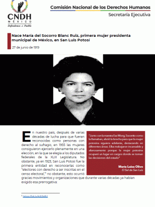 Nace María del Socorro Blanc Ruiz, primera mujer presidenta municipal de México, en San Luis Potosí