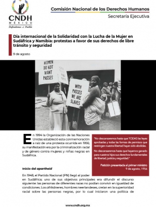 Día internacional de la Solidaridad con la lucha de la Mujer en Sudáfrica y Namibia: protestas a favor de sus derechos de libre tránsito y seguridad