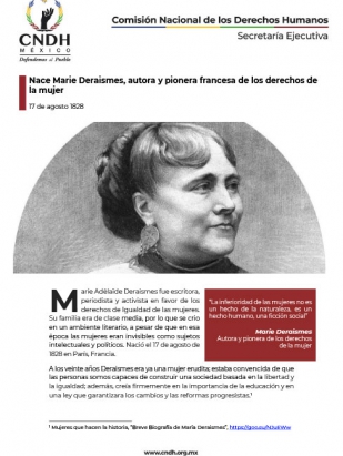 Nace María Deraismes, autora y pionera francesa de los Derechos de la Mujer