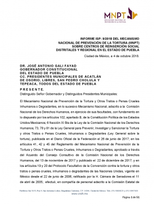 Informe de supervisión ISP 9/2018 Sobre Centros de Reinserción Social Distritales y Regional en el Estado de Puebla