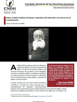 Nace Andrés Molina Enríquez, impulsor del derecho a la tierra en la Constitución