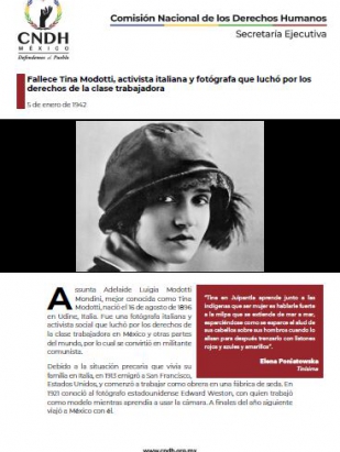 Fallece Tina Modotti, activista italiana y fotógrafa que luchó por los derechos de la clase trabajadora