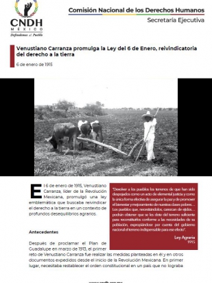 Venustiano Carranza promulga la Ley del 6 de Enero, reivindicatoria del derecho a la tierra