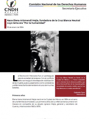 Nace Elena Arizmendi Mejía, fundadora de la Cruz Blanca Neutral cuyo lema era “Por la humanidad”