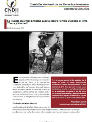 Se levanta en armas Emiliano Zapata contra Porfirio Díaz bajo el lema “Tierra y libertad”