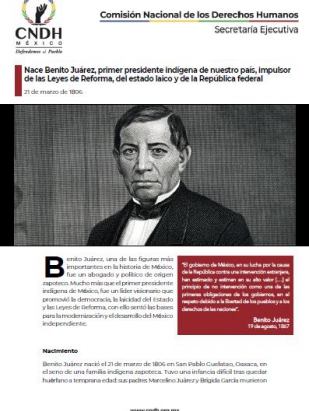 Nace Benito Juárez, primer presidente indígena de nuestro país, impulsor de las Leyes de Reforma, del estado laico y de la República federal