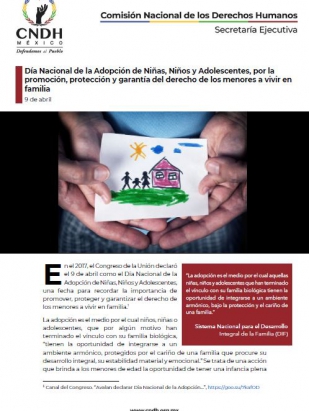 Día Nacional de la Adopción de Niñas, Niños y Adolescentes, por la promoción, protección y garantía del derecho de los menores a vivir en familia
