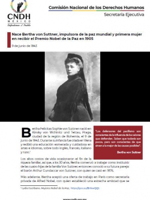 Nace Bertha von Suttner, impulsora de la paz mundial y primera mujer en recibir el Premio Nobel de la Paz en 1905