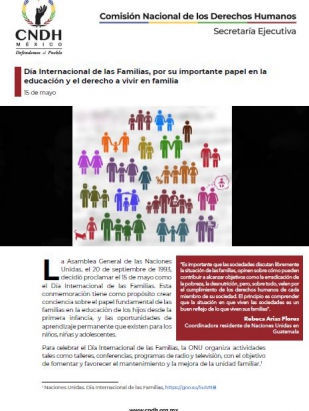 Día Internacional de las Familias, por su importante papel en la educación y el derecho a vivir en familia