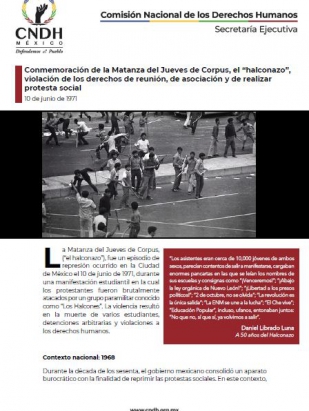 Conmemoración de la Matanza del Jueves de Corpus, el “halconazo”, violación de los derechos de reunión, de asociación y de realizar protesta social