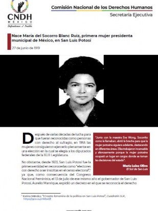 Nace María del Socorro Blanc Ruiz, primera mujer presidenta municipal de México, en San Luis Potosí