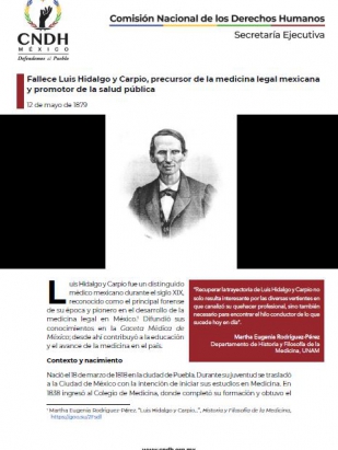 Fallece Luis Hidalgo y Carpio, precursor de la medicina legal mexicana y promotor de la salud pública