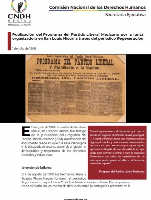 Publicación del Programa del Partido Liberal Mexicano por la junta organizadora en San Louis Misuri a través del periódico Regeneración