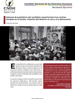 Matanza de partidarios del candidato oposicionista Juan Andreu Almazán en el Zócalo, violación del derecho al voto y a la democracia
