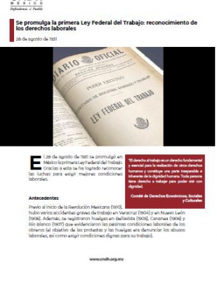 Se promulga la primera Ley Federal del Trabajo: reconocimiento de los derechos laborales
