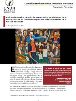 José María Morelos y Pavón da a conocer los Sentimientos de la Nación, uno de los documentos políticos más importantes de la historia de México