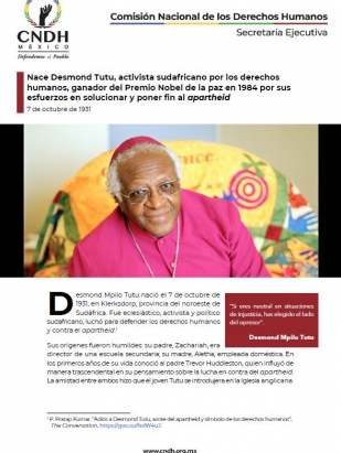 Nace Desmond Tutu, activista sudafricano por los derechos humanos, ganador del Premio Nobel de la paz en 1984 por sus esfuerzos en solucionar y poner fin al apartheid