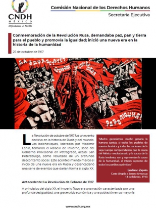 Conmemoración de la Revolución Rusa, demandaba paz, pan y tierra para el pueblo y promovía la igualdad; inició una nueva era en la historia de la humanidad