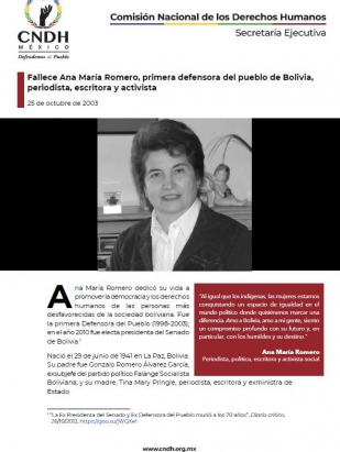 Fallece Ana María Romero, primera defensora del pueblo de Bolivia, periodista, escritora y activista