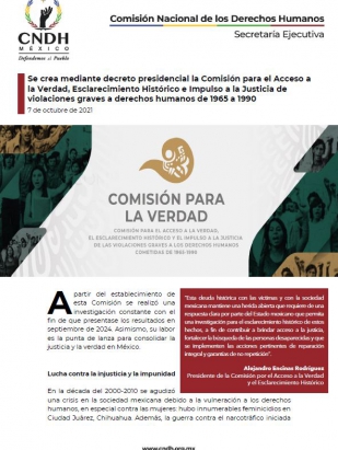 Se crea mediante decreto presidencial la Comisión para el Acceso a la Verdad, Esclarecimiento Histórico e Impulso a la Justicia de violaciones graves a derechos humanos de 1965 a 1990