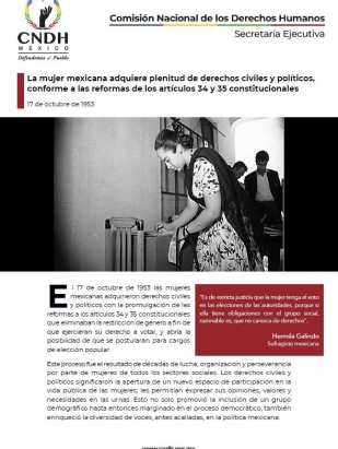 La mujer mexicana adquiere plenitud de derechos civiles y políticos, conforme a las reformas de los artículos 34 y 35 constitucionales