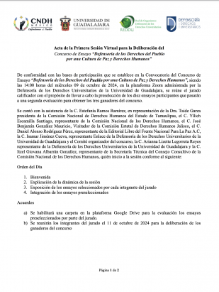 Acta de la Primera Sesión Virtual para la Deliberación del Concurso de Ensayo “Defensoría de los Derechos del Pueblo por una Cultura de Paz y Derechos Humanos”