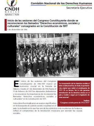 Inicio de las sesiones del Congreso Constituyente donde se reconocieron los llamados "Derechos económicos, sociales y culturales" consagrados en la Constitución de 1917