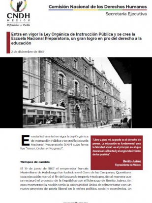Entra en vigor la Ley Orgánica de Instrucción Pública y se crea la Escuela Nacional Preparatoria, un gran logro en pro del derecho a la educación