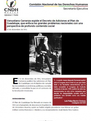 Venustiano Carranza expide el Decreto de Adiciones al Plan de Guadalupe, que enfoca los grandes problemas nacionales con una perspectiva de profundo contenido social