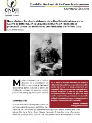 Nace Mariano Escobedo, defensor de la República Mexicana en la Guerra de Reforma, en la Segunda Intervención Francesa; se pronunció contra las ambiciones presidenciales de Porfirio Díaz