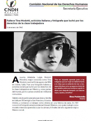 Fallece Tina Modotti, activista italiana y fotógrafa que luchó por los derechos de la clase trabajadora